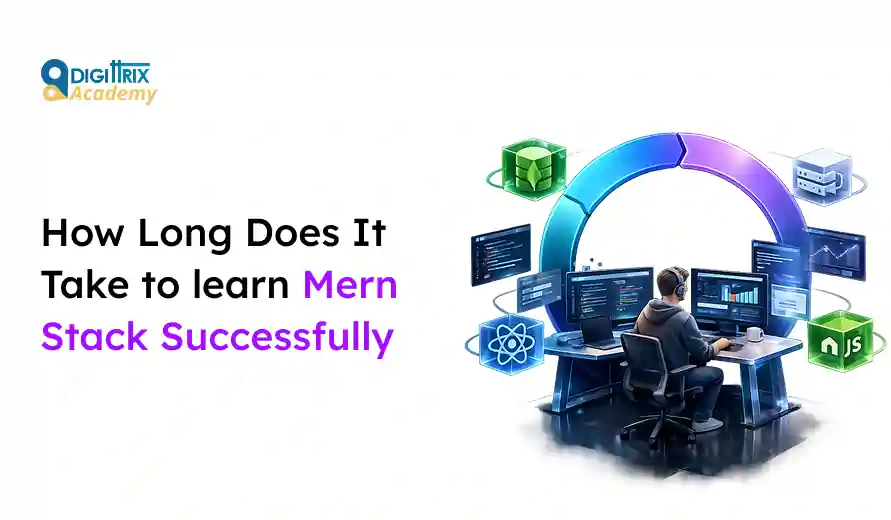 Person learning MERN Stack coding at a workstation surrounded by software icons and a circular progress graphic.