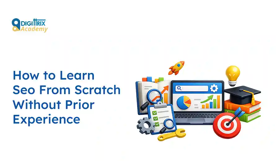 Educational graphic showing SEO learning tools like graphs, checklists, books, and a laptop with text "How to Learn SEO From Scratch Without Prior Experience.