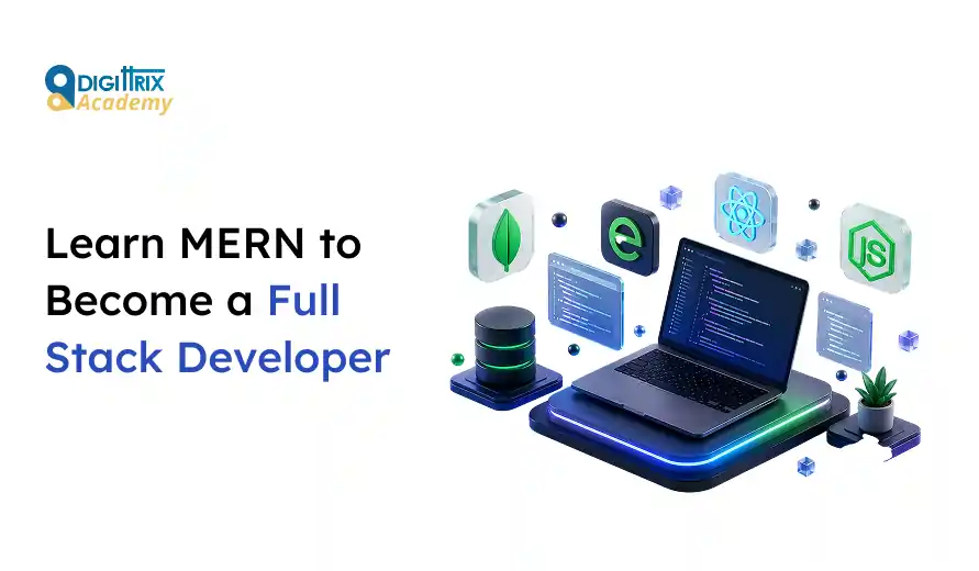 Digital marketing academy ad promoting learning MERN stack to become a full stack developer with laptop and tech icons.