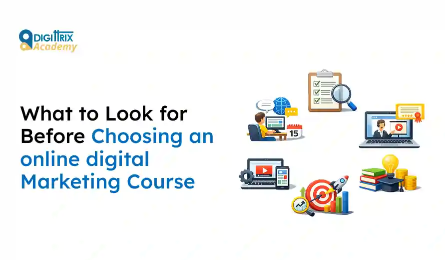 Text about choosing an online digital marketing course with icons of a person studying, checklist, video call, digital tools, target, and education symbols.
